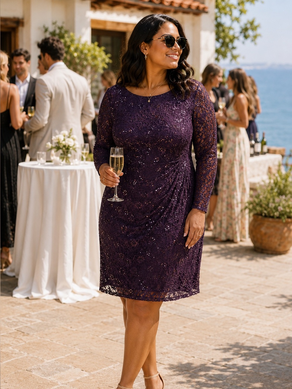 Ralph Lauren Eggplant Stretch Sequin Lace Dress Size 16W